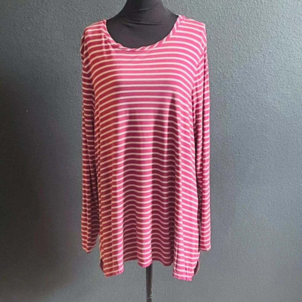 LOGO Lori Goldstein Women's Angle Stripe Knit Asymmetric Hem Long Sleeve Tee XL - Picture 2 of 13